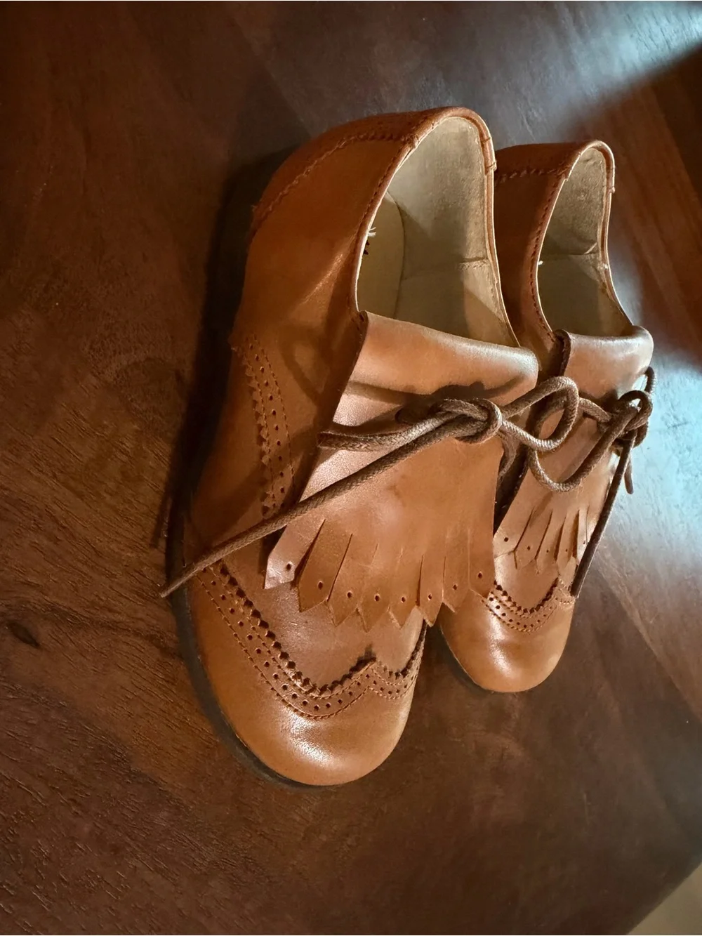 Manuela de Juan for Persnickety Tan Leather Kiltie Fringe Brogue Oxfords EU 26